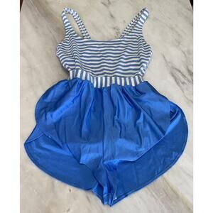 VTG De Weese Design Swim & Sun Fashions Swimsuit blue striped romper shorts sz S